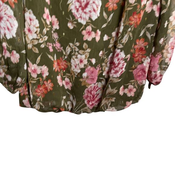 Haven & Blair Blouse Women's Small Green Metallic Floral Boho Sheer 3/4 Sleeve - Picture 3 of 11
